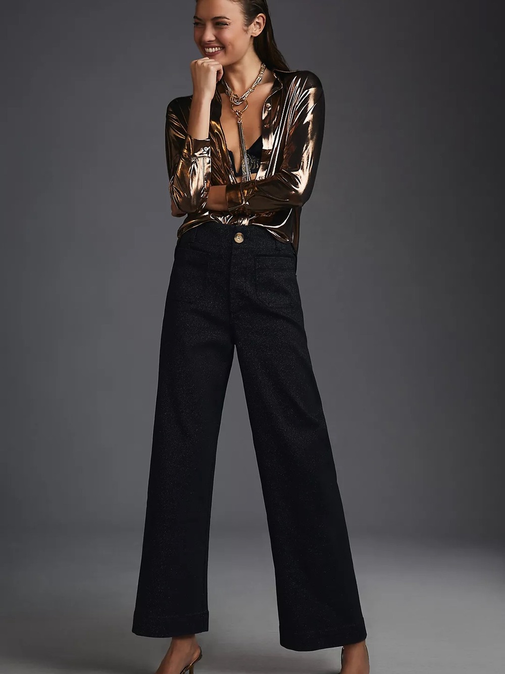 Maeve Colette Sparkle High-Rise Wide-Leg Cropped Jeans Black Size 26